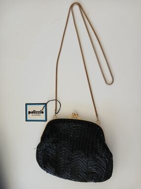 Palizzio Black Beaded Crossbody Purse with Gold Chain- Missing Some Beads